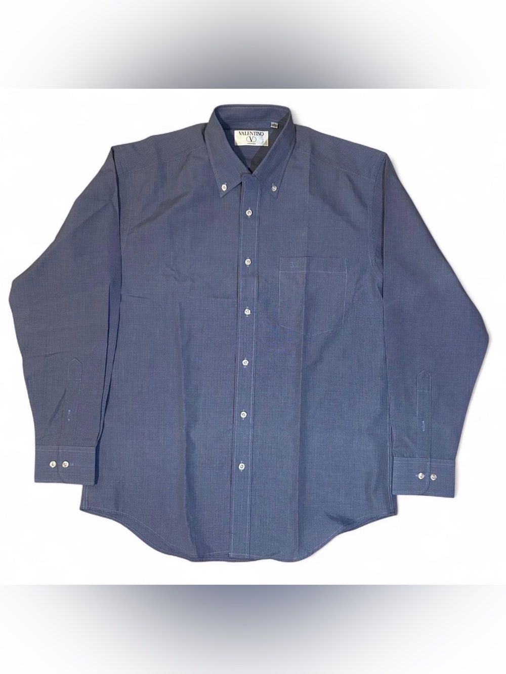 Valentino Vintage Dress Shirt Light Blue Houndstooth Plaid Button Up XL